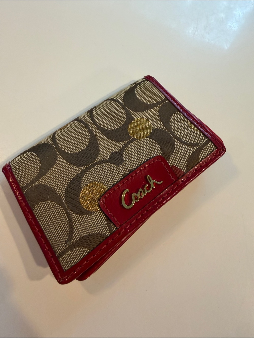 Coach Signature Canvas Card Holder with Red Trim and Gold Accents